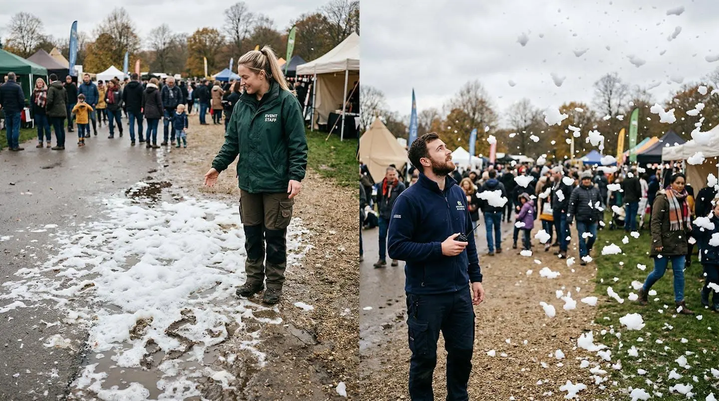 Comparaison visuelle entre une mousse trop liquide et un effet neige réussi en extérieur