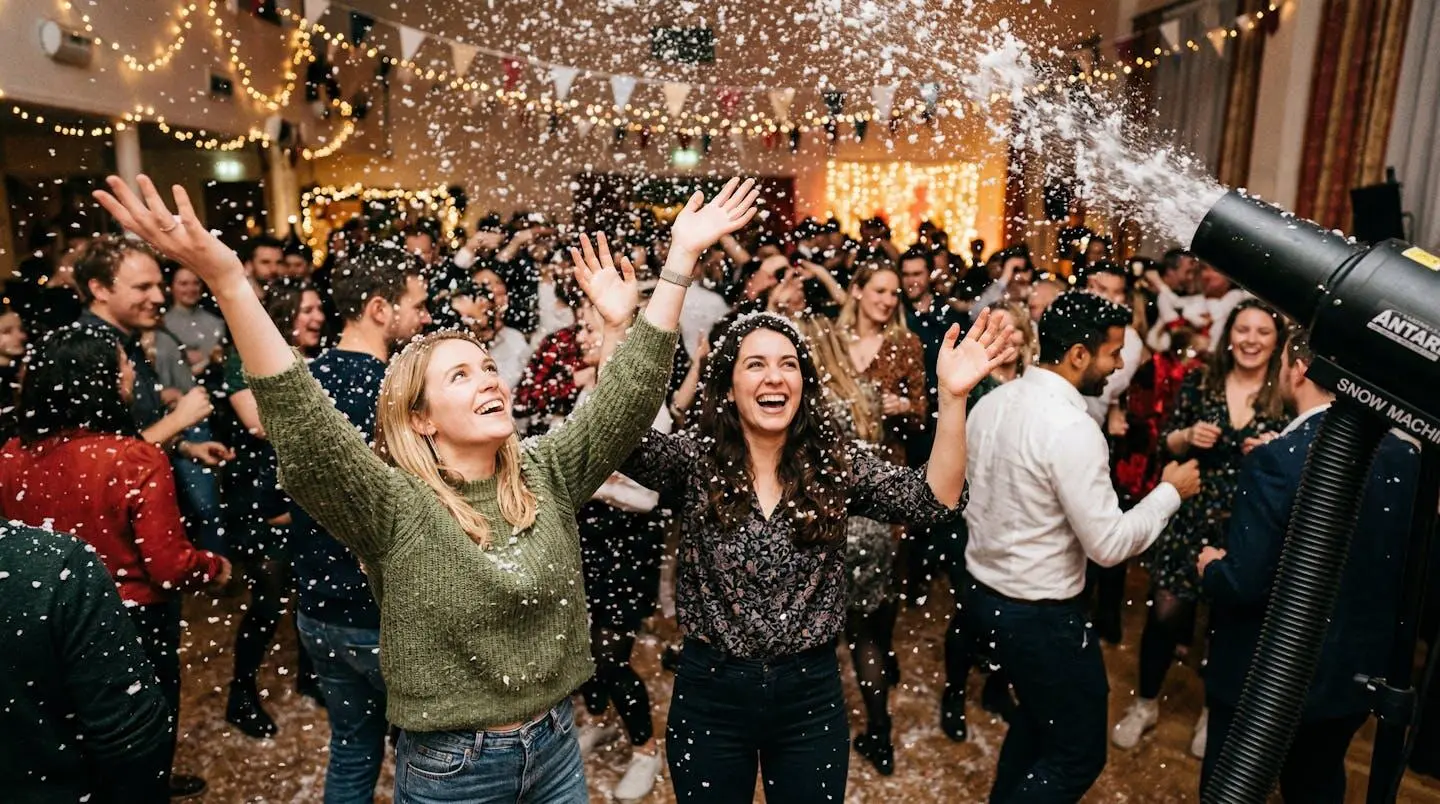 Effet neige artificielle réussi lors d'une animation festive avec public joyeux