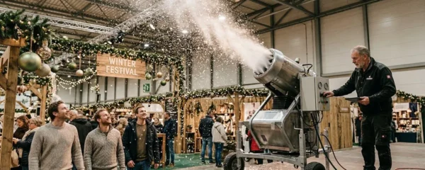 Machine à neige professionnelle projetant des flocons artificiels lors d'une animation festive