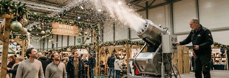 Machine à neige professionnelle projetant des flocons artificiels lors d'une animation festive