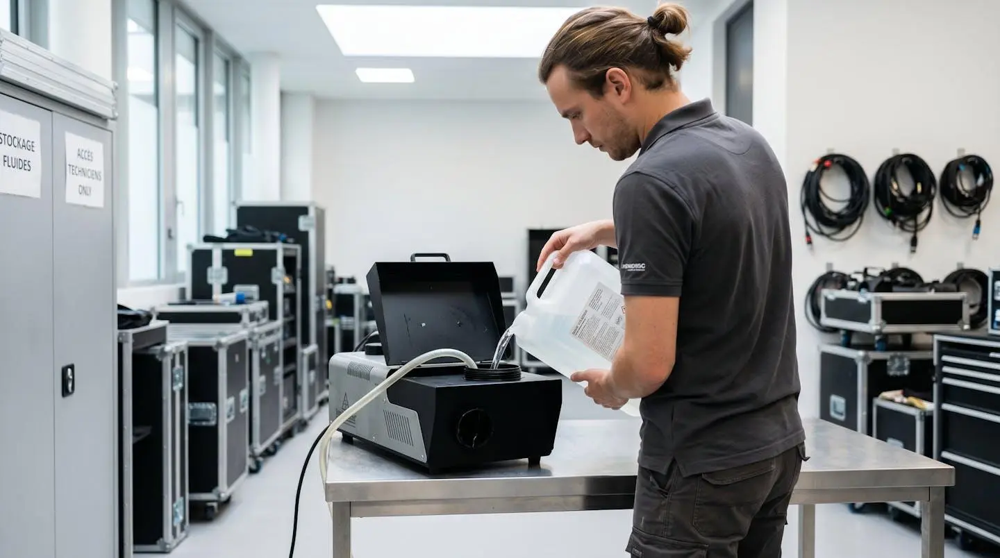 Technicien événementiel vu de dos versant du liquide concentré dans le réservoir d'une machine à neige professionnelle dans un espace backstage moderne